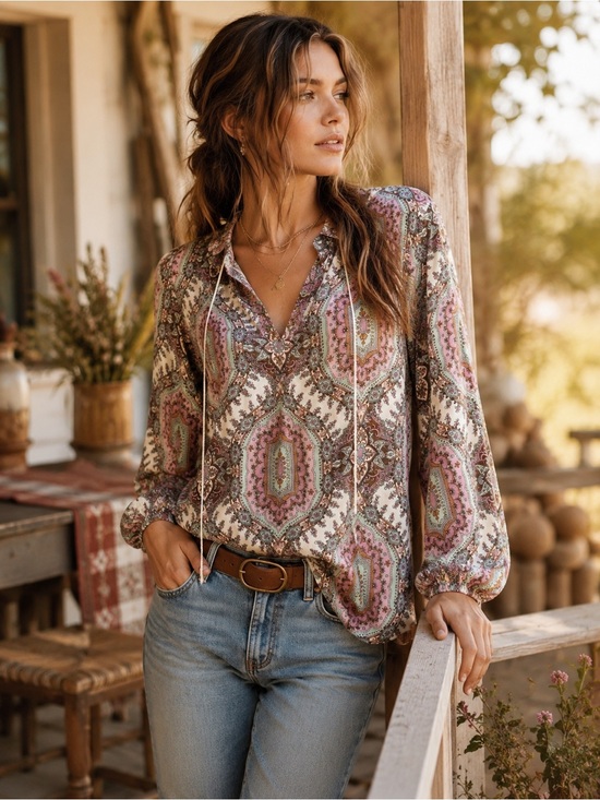 Wrangler Tops - Wrangler Paisley Peasant Blouse Medium Boho Western Tie Neck Long Sleeve
